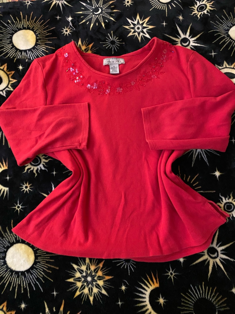 Birch Hill Red Scoop Neck Top with Sequin Floral Trim